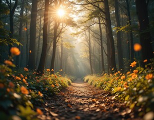 Obraz premium Walking Through Forest Path with Flowers and Sunlight Filtering Through Trees