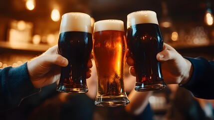 Friends clinking pints of beer at a dimly lit pub, wooden bar backdrop