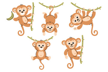 Adorable monkey vector set, playful animal cartoon characters on white background