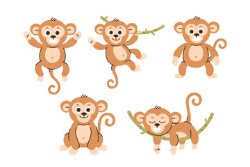 PrintPlayful Monkey Cartoon Characters in Various Poses on White Background