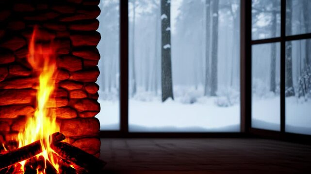 Fire & Ice Harmony: Witness the Mesmerizing Contrast Between the Warmth of a Crackling Fireplace and the Cold Beauty of a Snowy Forest in This Soothing Winter Scene.

