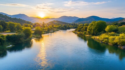 Serene Sunset over the River and Mountains