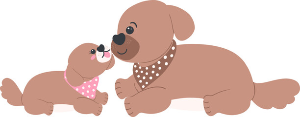 Father's Day Dog Dad and Baby Wear a scarf Illustration in Cute Cartoon Flat Design