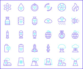 Nuclear And biohazard Technology Icon Set. Vector collection of energy, power, danger, atom, bomb, plant, barrel, molecule, radiation and elements symbols or logo element.