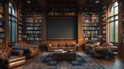 Luxurious library interior with dark wood paneling, leather furniture, and large windows. Rich, warm lighting illuminates bookshelves filled with volumes.  A large screen is set into the wall.