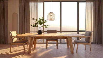 Modern dining room with a city view