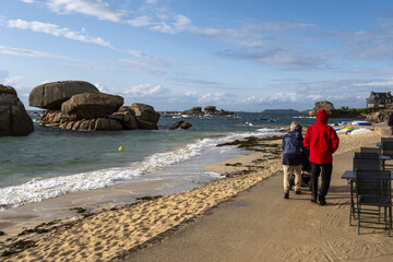 high tide on pink granite rocks on Coz Pors beach, Trégastel, France