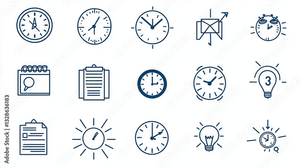 Poster a collection of outline icons representing various time management and deadline related concepts inc