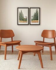 Two wooden chairs and a round wooden coffee table in a minimalist living room setting. Framed landscape prints hang on the wall. Neutral color palette.
