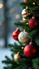 Fototapeta premium Ornament garland with nine glass and crystal balls, tree decor, holiday, winter wonderland