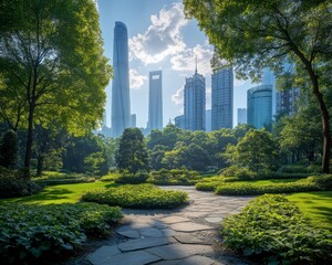 Serene Urban Park Scene with Skyscrapers in the Background