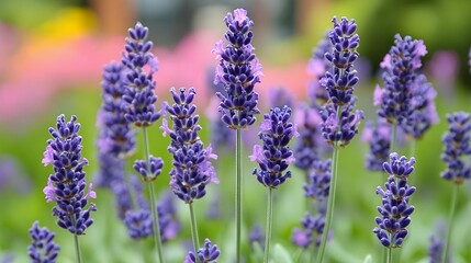 Obraz premium Vibrant Lavender Flowers in Full Bloom, Close-up View of Serene and Peaceful Purple Blossoms against Softly Blurred Green and Pink