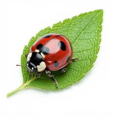 Fototapeta premium Vibrant Ladybug on a Lush Green Leaf, Detailed Macro Photography