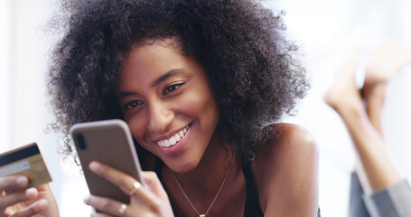 Smile, woman and payment with mobile for credit card, information and banking app for ecommerce....