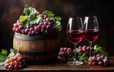 Fototapeta premium Delight in the rich colors and textures of glistening grapes and red wine, evoking warmth and sophistication.