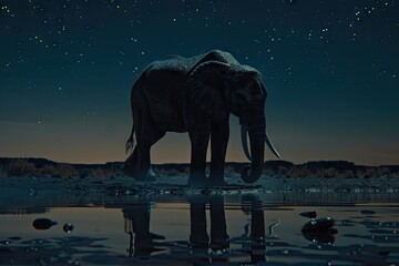 Obraz premium Silhouetted elephant by starry night waterhole