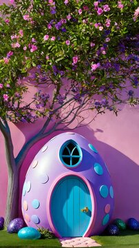 Pink cartoon house in the shape of easter egg with flowering tree nearby, swaying in the wind