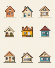 Nine colorful house icons, various styles and designs, suitable for web or app use.