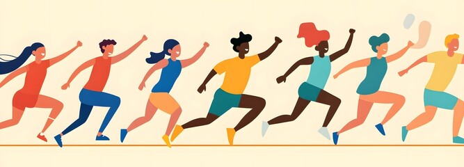 Runners in Motion: A vibrant illustration depicts a diverse group of runners in full stride, symbolizing energy, fitness, and the pursuit of goals.