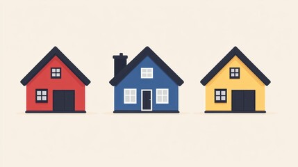 Fototapeta premium Three colorful houses in minimalist style, red, blue, yellow.