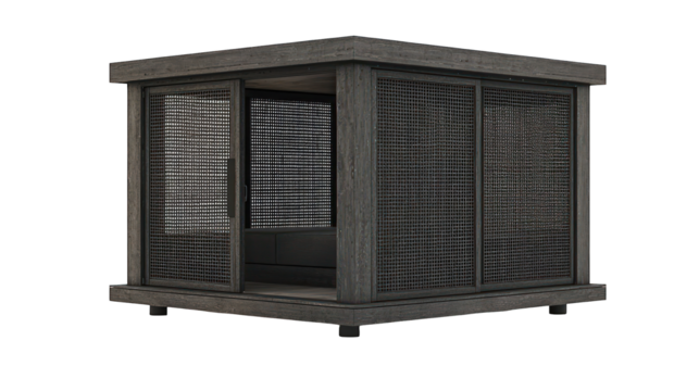 Modern architectural pavilion with glass walls and shadows