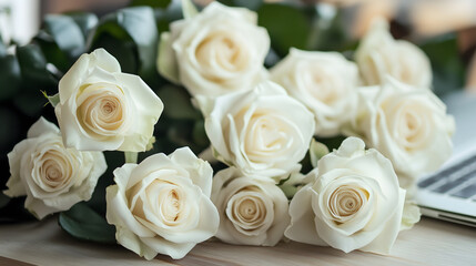 In home office with white roses on top of with desk with laptop showing seo search engine data on screen