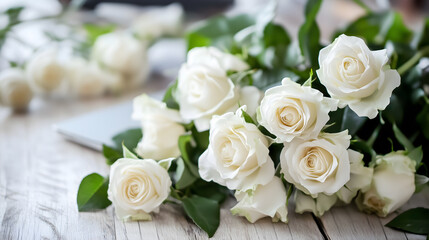 Fototapeta premium In home office with white roses on top of with desk with laptop showing seo search engine data on screen
