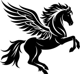 black and white silhouette of a horse with wings logo design