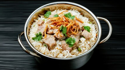 Aromatic pakistani biryani with saffron served in a bowl on a rustic table ready to savor