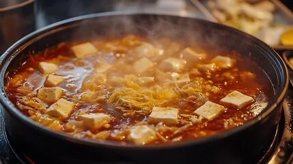 Preparing Spicy Tofu Stew with Napa Cabbage in a Hot Pot