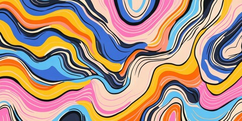 wavey abstract smooth lines Bold, flat contour lines in alternating vibrant colors such as fuchsia, orange, cyan, and yellow. The clean, graphic style emphasizes contrast and energy.
