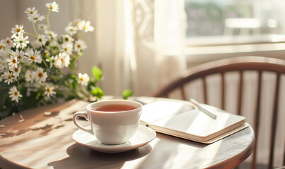 Cozy Morning Scene with a Cup of Tea, Open Notebook, and Fresh Daisies on a Wooden Table by a Sunlit Window, Creating a Peaceful and Inspirational Atmosphere