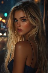 A young woman with flowing blonde hair stands under soft city lights, her expressive blue eyes reflecting a mix of mystery and charm in the evening ambiance