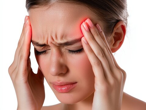 Close-up of young woman touching temples with fingers as if suffering from severe headache isolated on white background