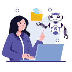 Engaging Woman Interacting with Friendly Robot at Laptop for Efficient Collaboration
