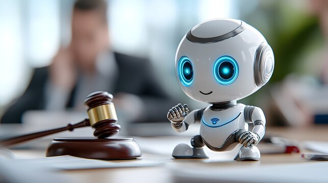 A tiny confident robot lawyer standing near a courtroom desk with a judge s gavel and stacks of legal documents symbolizing the intersection of technology and legal regulations
