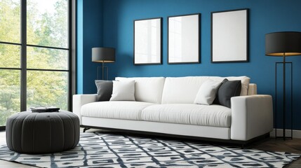 Fototapeta premium Modern living room interior with white sofa, dark blue walls, patterned rug, and floor lamps. Natural light streams in from large windows.
