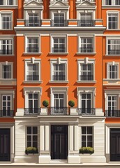 Fototapeta premium Architectural design showcases a striking orange facade with multiple windows and intricate wrought iron balconies. Potted greenery adds a touch of life to the urban environment