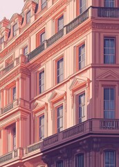 Fototapeta premium The facade of a grand historic building showcases detailed architectural elements and vibrant pastel colors as warm sunlight bathes the scene during early evening