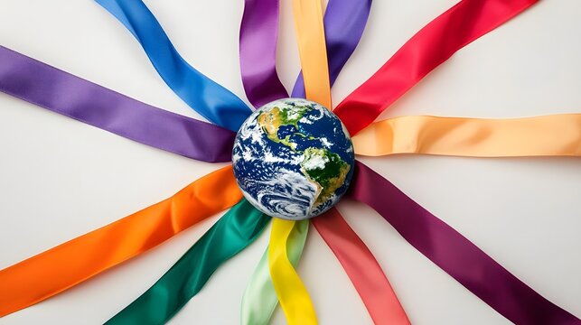 An abstract image depicting the Earth sphere placed at the center surrounded by a vibrant array of colored ribbons each representing different social environmental and humanitarian causes