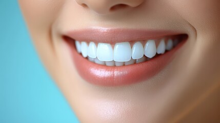 Fototapeta premium A person showcases a bright smile with perfectly aligned white teeth against a soft blue background, conveying a sense of confidence and joy