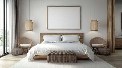 Minimalist bedroom interior design with a large bed, two armchairs, and a large empty frame on the wall. Neutral colors and natural materials are used throughout.