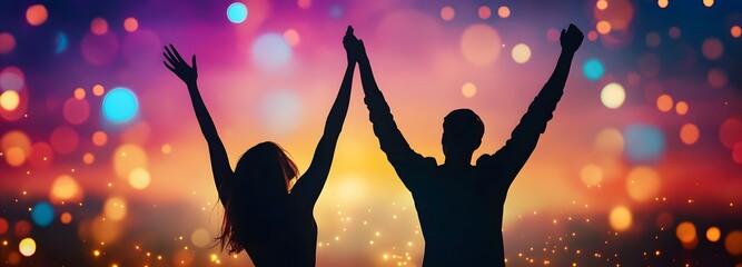 Silhouette Celebration: Silhouetted figures celebrate with arms raised, bathed in a warm glow of light and the spirit of accomplishment. This dynamic image embodies joy, success.
