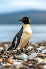 Naklejka premium A lone penguin stands on a beach littered with plastic waste, gazing towards the ocean