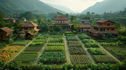 Serene Hillside Village Farm: Picturesque Organic Agriculture in Tranquil Mountain Setting