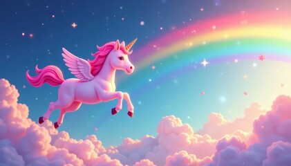 Fototapeta premium Cute pink unicorn flying in the sky with rainbow, clouds, and stars, clouds, sky, cute