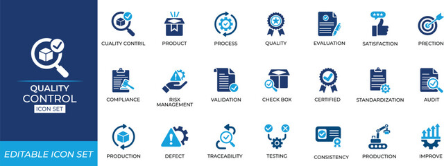 Quality control icon set featuring inspection, checklist, certification, approval, testing, improve, and compliance symbols for manufacturing and business workflows.