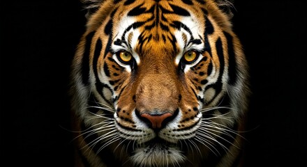 Fototapeta premium A powerful and intense close-up of a Bengal tiger's face, its piercing amber eyes staring directly ahead. 