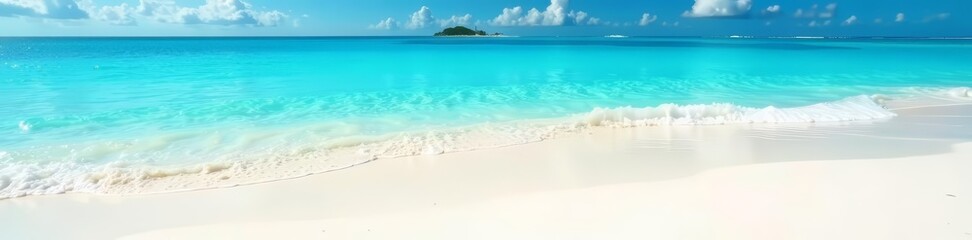 Obraz premium Crystal clear blue water lapping on white sandy beach, perfect for summer vacation, vacation, relaxation, travel
