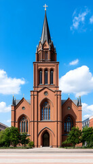 Obraz premium A majestic brick church with a tall, pointed spire under a bright blue sky